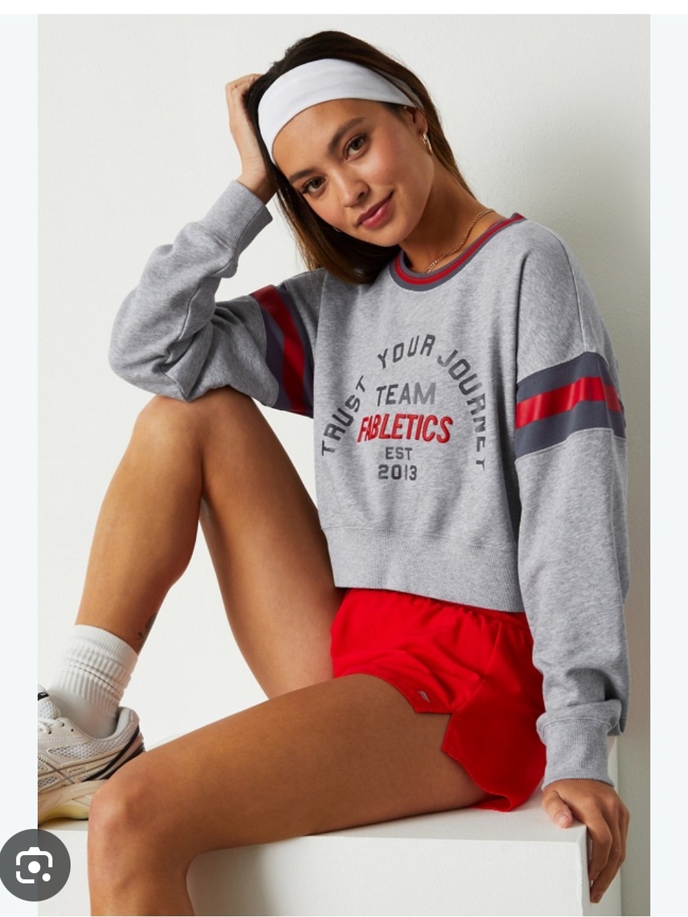 Fabletics Gray Crewneck Sweatshirt with Red and Dark Gray Stripes